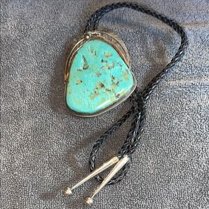 Sterling and Turquoise Bolo Tie with Silver Accents Vintage!!